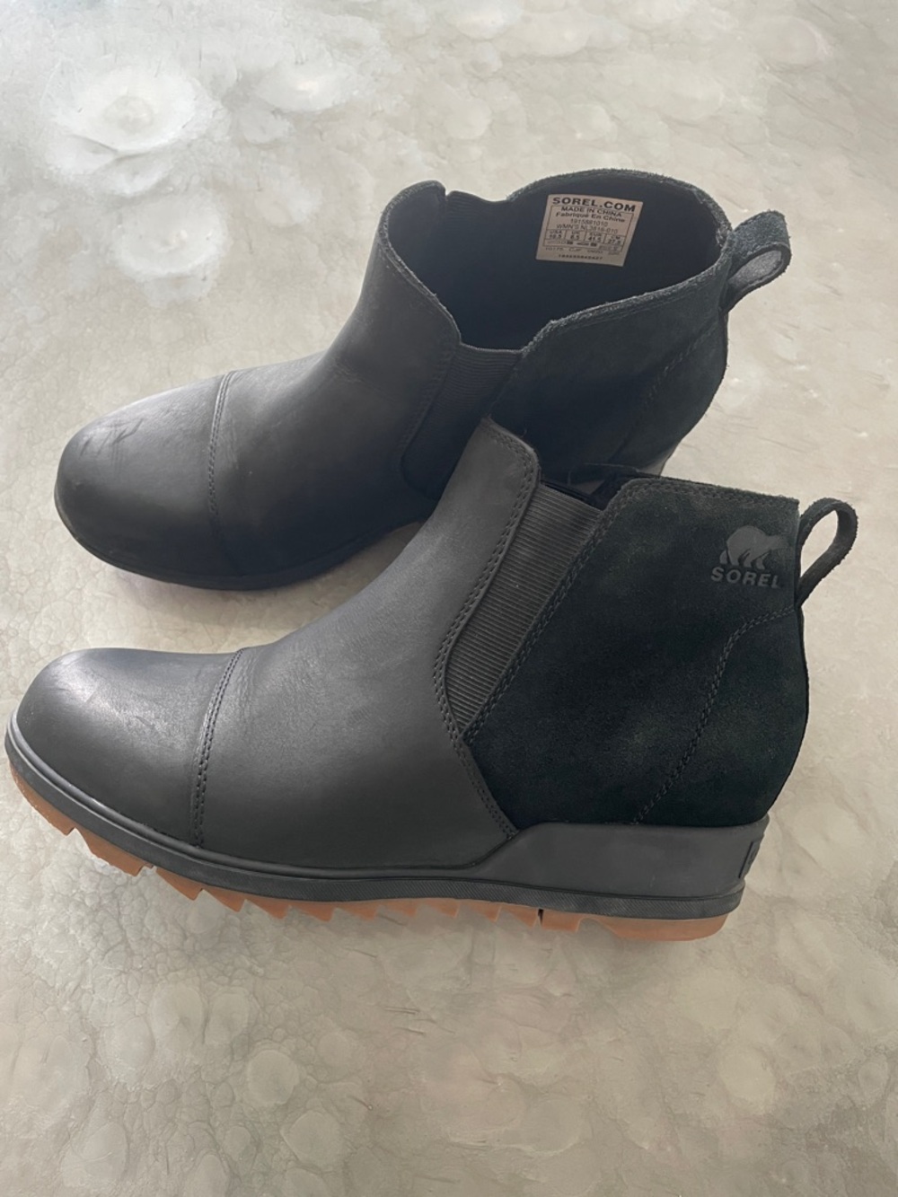 Sorel Black Leather & Suede Chelsea Ankle Boot with Tan Lug Sole